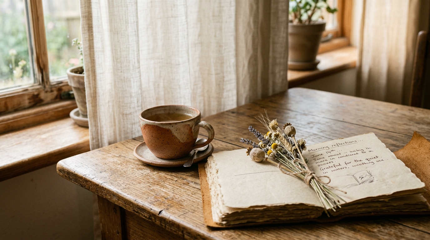 Luce del mattino su un tavolo di legno con tazza e diario aperto, toni caldi di terracotta