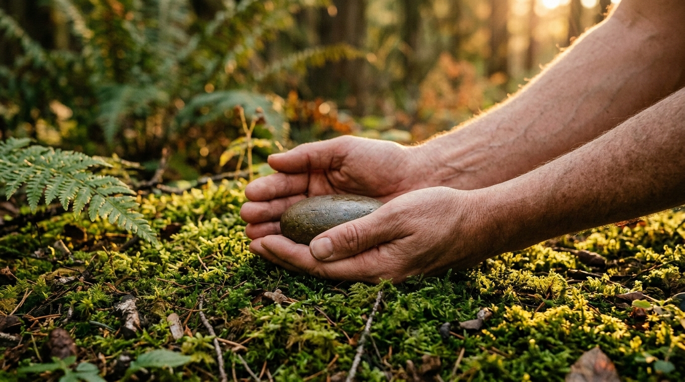 Mani che tengono una pietra liscia su muschio verde, luce dorata del pomeriggio