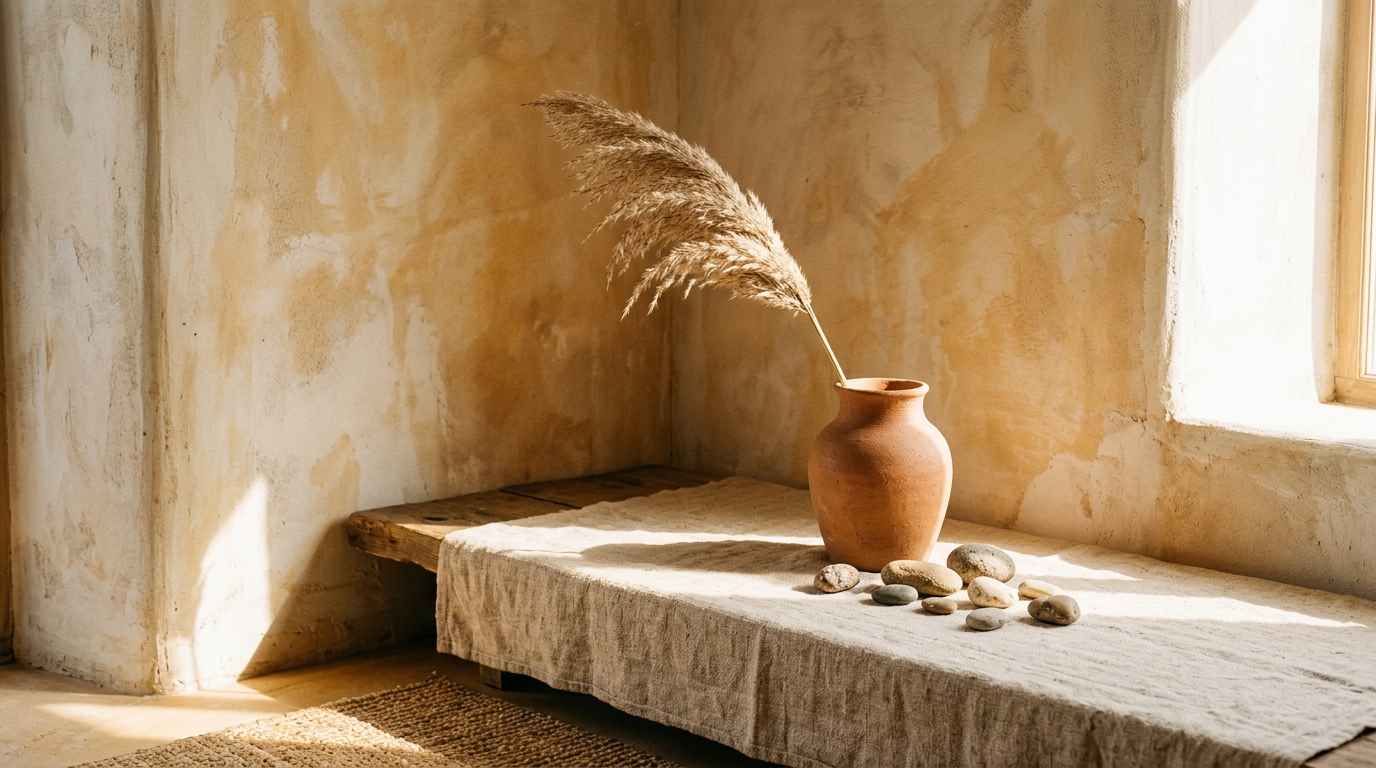 Angolo di stanza minimalista con vaso in argilla e luce solare che filtra attraverso le tende di lino